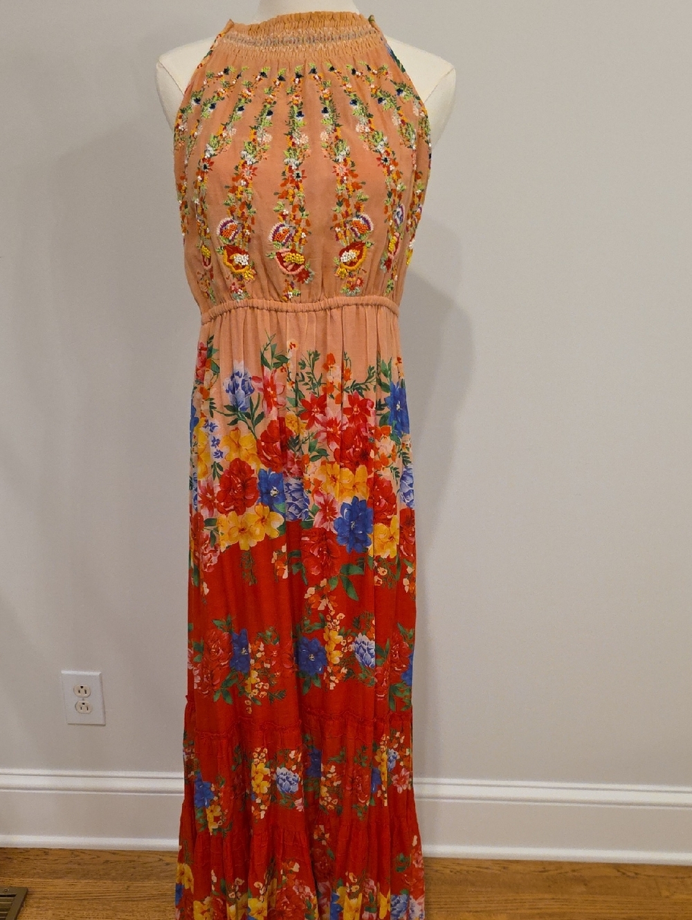 Vineey Bahl Peach and Red Floral Halter Maxi Dress with Beaded Details
